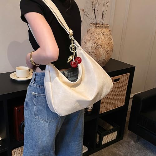 Hobo Bags for Women Leather,Foldable Slouchy Shoulder Purse Crossbody Handbag,Soft Vegan Brown Tote Casual Everyday Handbags - color: Wy22 Upgraded White