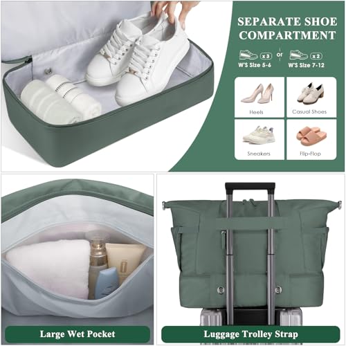 ETRONIK Gym Bag for Women, 45L Carry On Travel Duffel Bag with Shoes Compartment, Weekender Overnight Bag with Wet Pocket for Women, Travel, Gym, Weekend, Large Size - color: Dark Green, size: Large