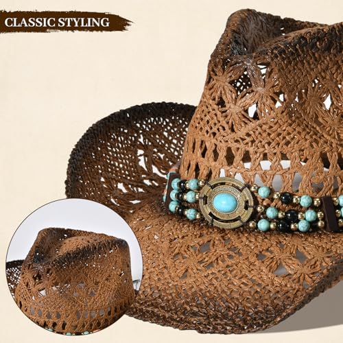 Straw Cowboy Hat for Men Womens Straw Cowgirl Hat Summer Western Cowboy Hats with Wide Brim for Cowgirls and Cowboys - color: Brown 5#