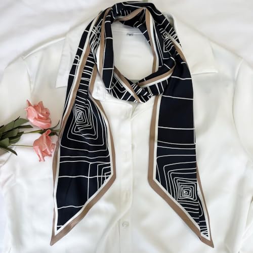 Silk Head Scarf for Hair Fashion Headwrap for Women Lightweight Neck Tie - color: X011-black Geometry