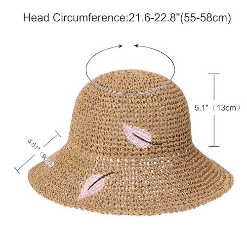 LA CARRIE Womens Sun Hat Floppy Packable Wide Brim UV Protection UPF 50+ Straw Hat with Embroidery for Summer Beach - color: Khaki