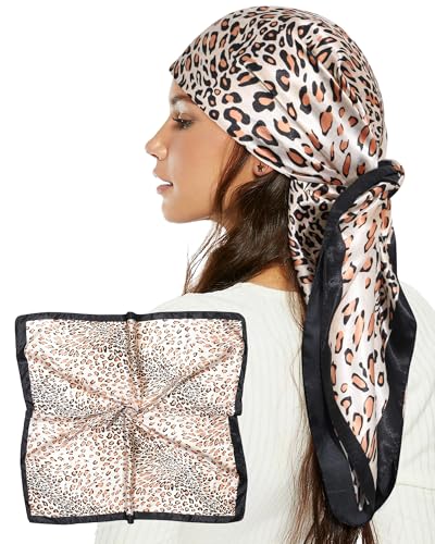 AWAYTR 35” Satin Head Scarf for Women Like Silk Scarf Hair Bandanas Women Large Square Neck Scarf Headscarf Head Wrap - color: Leopard - Black + Light Brown