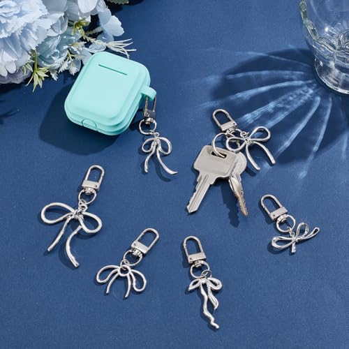 1 Box 6 Styles 6 Pcs Silver Bow Purse Charms Silver Bow Keychains Cute Alloy Elegant Bling Car Keys Decor Bowknot Key Chain Charms for Purse Handbag Backpack Gift Supplies Women Accessories - color: Silver
