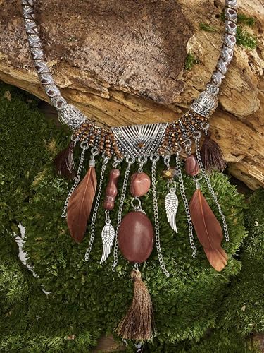 MINACHI Bohemian Feather Tassel Necklace, Irregular Stone Beads, Retro Exotic Pattern, Women's Jewelry - style: Necklace SL13-013