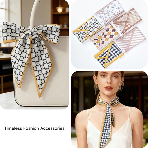 ZXZH 6 Pack Fashion Scarves for Women, Versatile Boho Head Scarf, Satin Scarf for Hair, Neck, Wrist, and Purse Accessories - color: Beige & Brown Geometric Mix