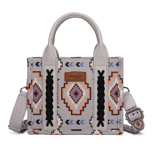 Wrangler Mini Aztec Tote Bag for Women Boho Small Top Handle Purse with Adjustable Strap - color: Boho Grey
