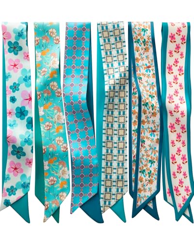 ZXZH 6 Pack Fashion Scarves for Women, Versatile Boho Head Scarf, Satin Scarf for Hair, Neck, Wrist, and Purse Accessories - color: Fresh Teal & Turquoise