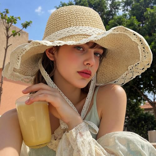 Beach Hats for Women - Beach Hat Womens UPF 50+ Lace Ribbon,Packable Sun Hat Women,Straw Hat for Women 2026 - color: Beige