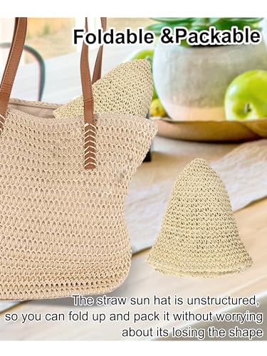 Rulala Fancy Womens Sun Hat Handmade Straw Bucket UV Protection Wide Brim Packable Travel Summer Cap for Beach UPF 50+ - color: Beige
