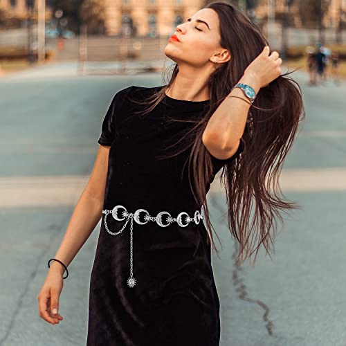 FIORETTO Chain Belt for Women Metal Waist Chain Fashion Multilayer Chain Belts for Dress - color: Moon-silver, size: Fit Waist up to 44"