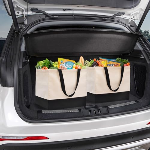 Heavy Duty Canvas Reusable Grocery Bags - 8.3 Gal Foldable Large Tote with Handles, Holds 60 lbs & Washable Eco-friendly Bags with 5 Pockets, Off White Black - color: [A0] Off White / Black, size: 1 Pack