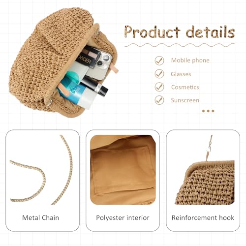 Emprier Straw Clutch Purses for Women Cloud Dumpling Pouch Straw Crossbody Shoulder Handbag Summer Beach Woven Bag - color: Khaki