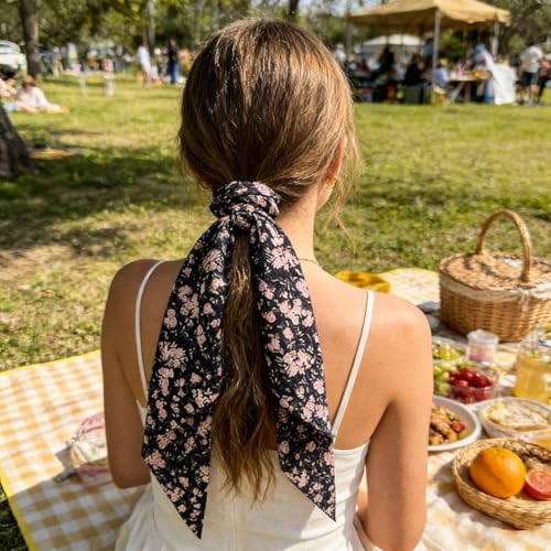 Boho Hair Scarf Scrunchies for Women Bow Hair Ties Floral Hair Scrunchies Silk Elastic Ponytail Holder Hair Accessories for Girls 4 pcs (Rose) - color: Rose
