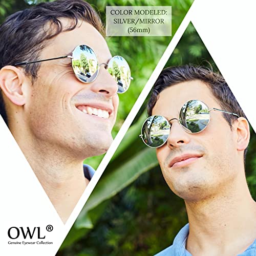 OWL Round Retro Small Circle Tint & Mirror Colored Lens 43-55 mm Sunglasses Metal - color: 56mm Silver / Blue Mirror