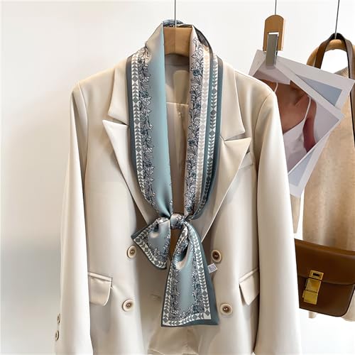Stlvoll Silk Neck Scarf Fashion Head Scarves for Women Hair Neck Bag Scarfs for Handbags Long Satin Headscarf - color: Grey/Green/Flower