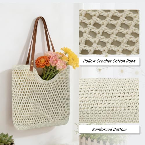 Oweisong Beach Bags for Women Woven Crochet Summer Purse 2026 | Boho Tote Bag, 13.8" Large Capacity, Tote Bag with Zipper, Foldable Packable, Beach Shipping, Vacation Purse - color: Begie