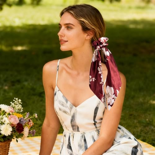 Boho Hair Scarf Scrunchies for Women Bow Hair Ties Floral Hair Scrunchies Silk Elastic Ponytail Holder Hair Accessories for Girls 4 pcs (Flower-2) - color: Flower-2