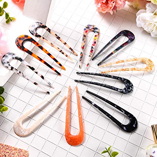 WILLBOND 10 Pcs French Hair Pins for Women U Shaped Hair Forks 4" Small Tortoise Shell Acetate Vintage Hairstyle Sticks Clips for Updo Bun Twist Chignon Fine Long Hairstyle Accessories
