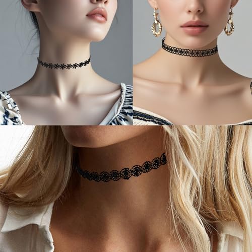YEEQIN Black Choker Necklaces for Women Chokers Black Velvet Choker Necklaces Set Classic Gothic Tattoo Lace Choker - color: 6PCs Lace Choker Necklaces
