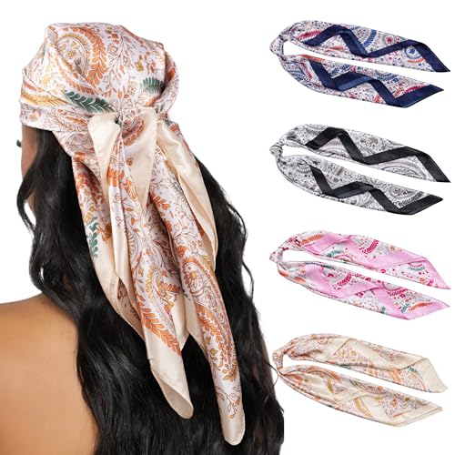 HBselect 4PCS Head Scarf for Women 35” Head Scarves Silk Like Satin Neck Scarfs Square Bandana Hair Wraps Scarf for Sleeping - color: Pink, Black, Blue, Dark Blue, Beige