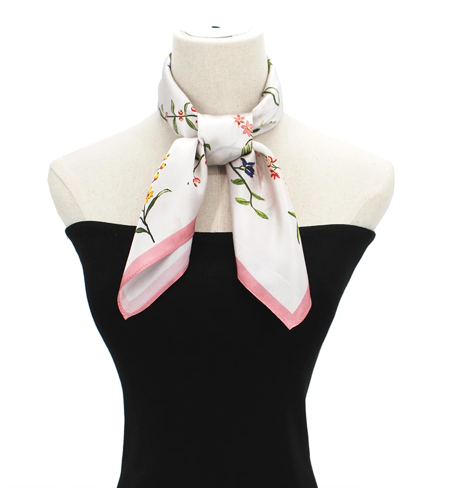 ANDANTINO 100% Mulberry Silk Square Scarf for Hair-25.6" X25.6'' Women Men Natural Silk Neckerchief Digital Printed Headscarf - color: Flowers-pink&white