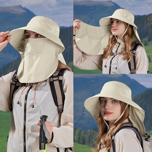 Sun Hat for Men Women with Neck Flap,UPF 50+ UV Protective Hiking Fishing Hats,Wide Brim Sun Hat for Women&Men - color: 1pack-style2-beigewhitewith Face Cover)