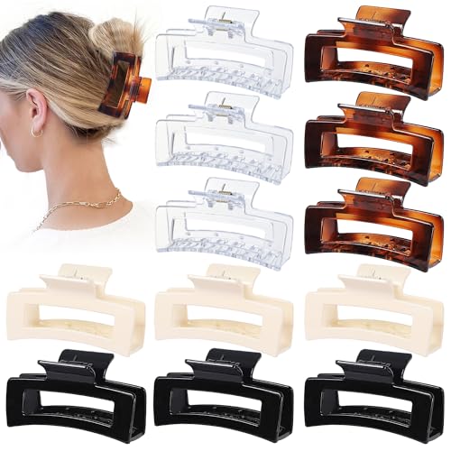 Sisiaipu 3.5 Inch Medium Square Claw Hair Clips, 12 Pcs Transparent, Amber, Glossy Black for Thick and Thin Hair - Hair Accessories for Women and Girls - color: Transparent
