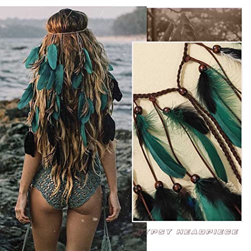 GORTIN Boho Feather Headband Gypsy Headpiece Headdress Bohemian Hippie Headbands Indian Festival Hair Band Adjust Long Feather Hair Accessories for Women and Girls (Black+Green) - color: Black+Green
