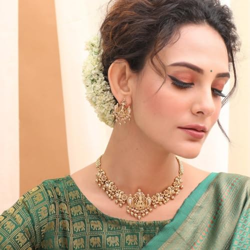TARINIKA Brass Indian Choker Necklace Set - Gold Plated Cubic Zirconia Indian Jewelry Sets for Women Dangle, Drop, Jhumka Earrings Traditional Desi Necklace Pearls Gift for her - style: Sankha Antique