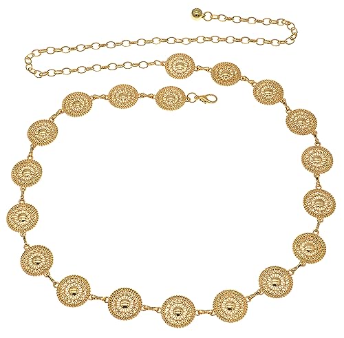 Trendy Women's O-Ring Adjustable Waist Chain - Fashion Accessory for Jeans and Dresses - color: Gold circles, size: L: 53.1 in
