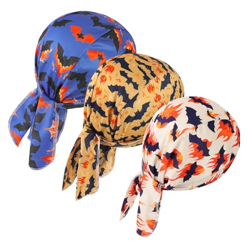 DOCILA 3 Pcs Do Rags for Men Skull Cap Bandana Hat Breathable Helmet Linner Beanie - color: Khakibluewhite