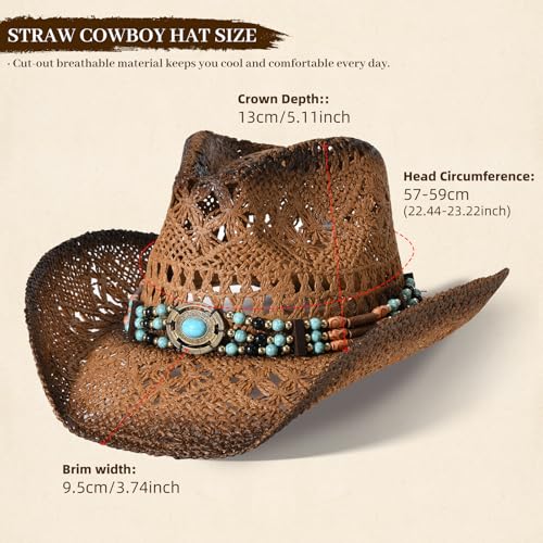 Straw Cowboy Hat for Men Womens Straw Cowgirl Hat Summer Western Cowboy Hats with Wide Brim for Cowgirls and Cowboys - color: Brown 5#