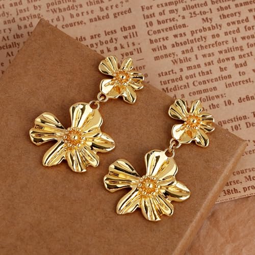 Gold Statement Earrings For Women 18K Gold Plated Sectored Flower Leaf Shell Angel Wing Earring Large Stud Earrings Hypoallergenic Stud - color: Flower Drop Earrings
