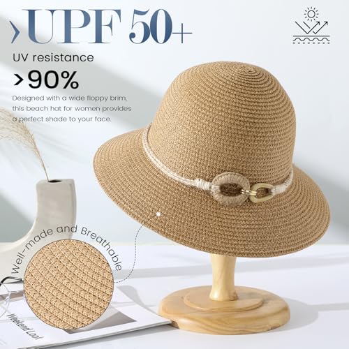 Beach Sun Straw Hats for Women, UPF 50+ UV Sun Protection Wide Brim Summer Straw Hat Foldable Packable Roll up Cap - color: Hemp Rope Buckle - Khaki