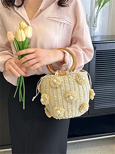 Summer Straw Bag for Women Pearl Flower Bucket Tote Bag Diamond Handbag Hand Woven Rattan Shell Purse Drawstring - color: A-beige
