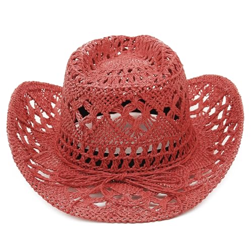 Men & Women's Summer Cowboy Cowgirl Straw Hat Hollow Out Woven Roll Up Wide Brim Sun Hat with Chin Strap - color: Red