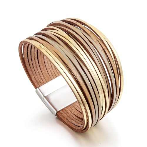 Edoneery Leather Wrap Bracelet for Women, Boho Handmade Multi-Layer Cuff with Crystal Beads Heart, Stackable Bangle Western Jewelry Gift - style: Leather(Gold)