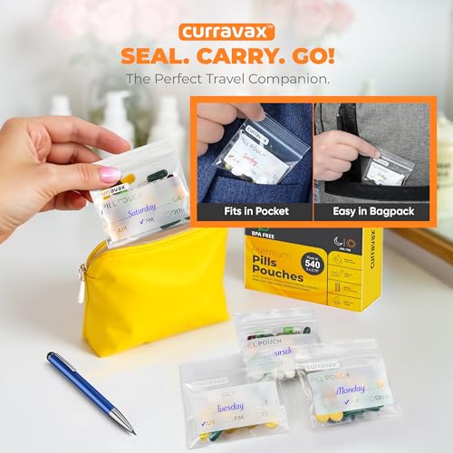 CURRAVAX Pill Pouch Bags for Travel Pack of 400 - BPA Free 3 x 2.75 inch Pill Pouch - Pill Pouches for Medicine with Write on Label –Clear Ziplock Pill Baggies for Travel Medicine Organizer - size: Pack of 400