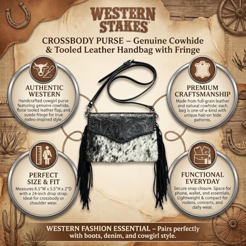 Genuine Cowhide Crossbody Purse - Tooled Leather Fringe Bag for Women - Western Shoulder Handbag Rodeo Style - color: Black