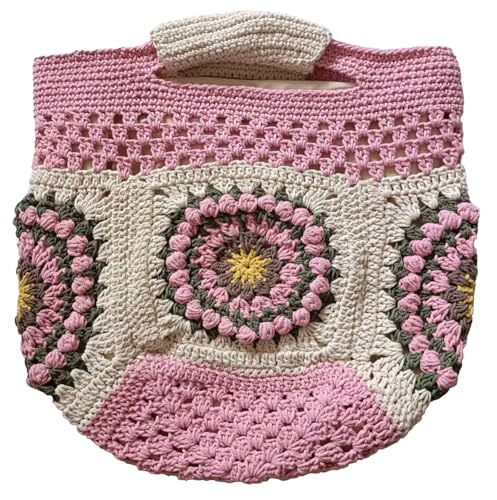 Womens Summer Boho Crochet Beach Tote Bag Handmade Woven Handbag Large Travel Vacation Shopper Straw Purse - color: Pink
