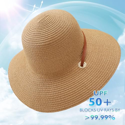Womens Beach Sun Straw Hat, Wide Brim Sun Hat Travel Foldable Summer Wind Lanyard UPF 50+ - color: Khaki
