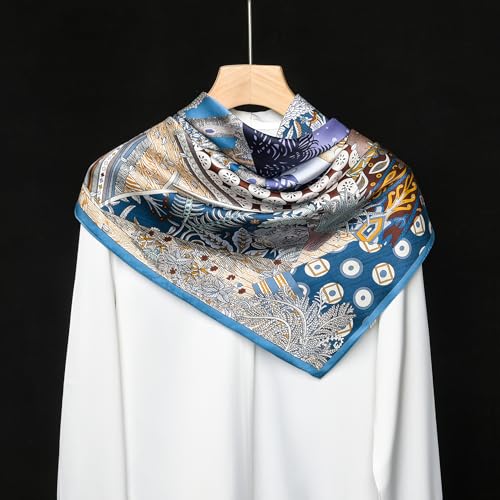 SHIROUYU 100% Pure Mulberry Silk Scarf 35" Large Square Lightweight Headscarf –Women’s Hair Wraps The shawl-With Gift Packed - color: Blue-sun