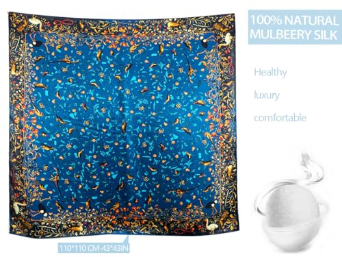100% Pure Mulberry Silk Scarf 43”*43” Large Square Lightweight Headscarf Women’s Hair Wraps Shawls with Gift Packed - color: Blue Flower Bird