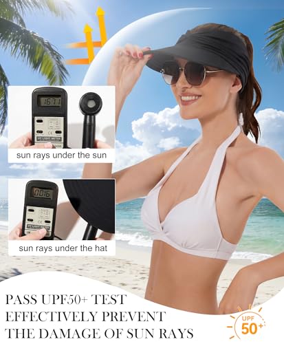 Zando Sun Visor Hats for Women - Beach Wide Brim Fashion Hat UV Protection Quick Dry Packable Summer Cap for Casual Sports - color: A Black
