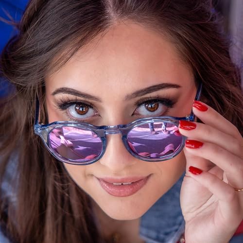ZENOTTIC Vintage Round Polarized Sunglasses for Men Women UV400 Protection - color: C12 Crystal Blue Frame Pink Lens