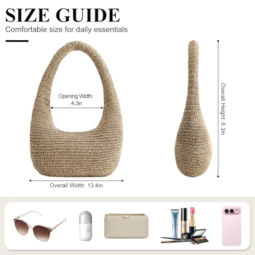 Straw Beach Bag for Women, Summer Tote Bag for Vacation, Hobo Shoulder Bag for Beach Wedding Travel - color: Brown