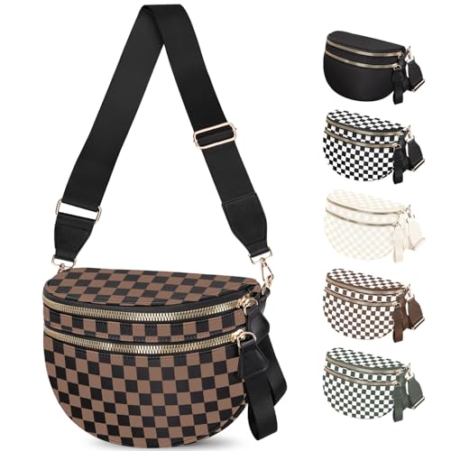 Spacious Nylon Checkered Crossbody Bum Bag for Women, Fashion Checkerboard Fanny Pack Purse with Anti-theft Pocket, Adjustable Wider Strap Wasit Bag (Black-Brown) - color: Black-Brown