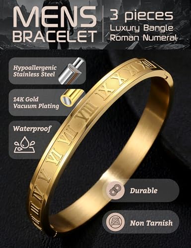 YADOCA 3 Pcs Stainless Steel Bracelets for Men Gold Silver Black Men Bracelet Adjustable Cuff Roman Numeral Bangle Bracelets Mens Luxury Bracelet Set Jewelry Gifts Trendy Gold Accessories - color: A:Gold-1