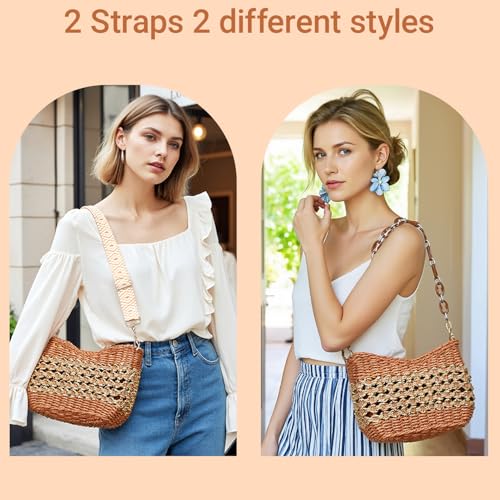 Herald Small Summer Crossbody Bags for Women, Beach Handmade Straw Woven Pocketbooks Handbag Shoulder Purse - color: Orange With Gold Thread