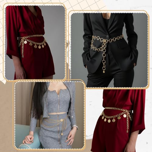 3Pcs Layered Waist Chains for Women Gold Multilayer Metal Adjustable Fashion Accessories Dress Hip Chain Belt - style: Fashionable Gold Retro